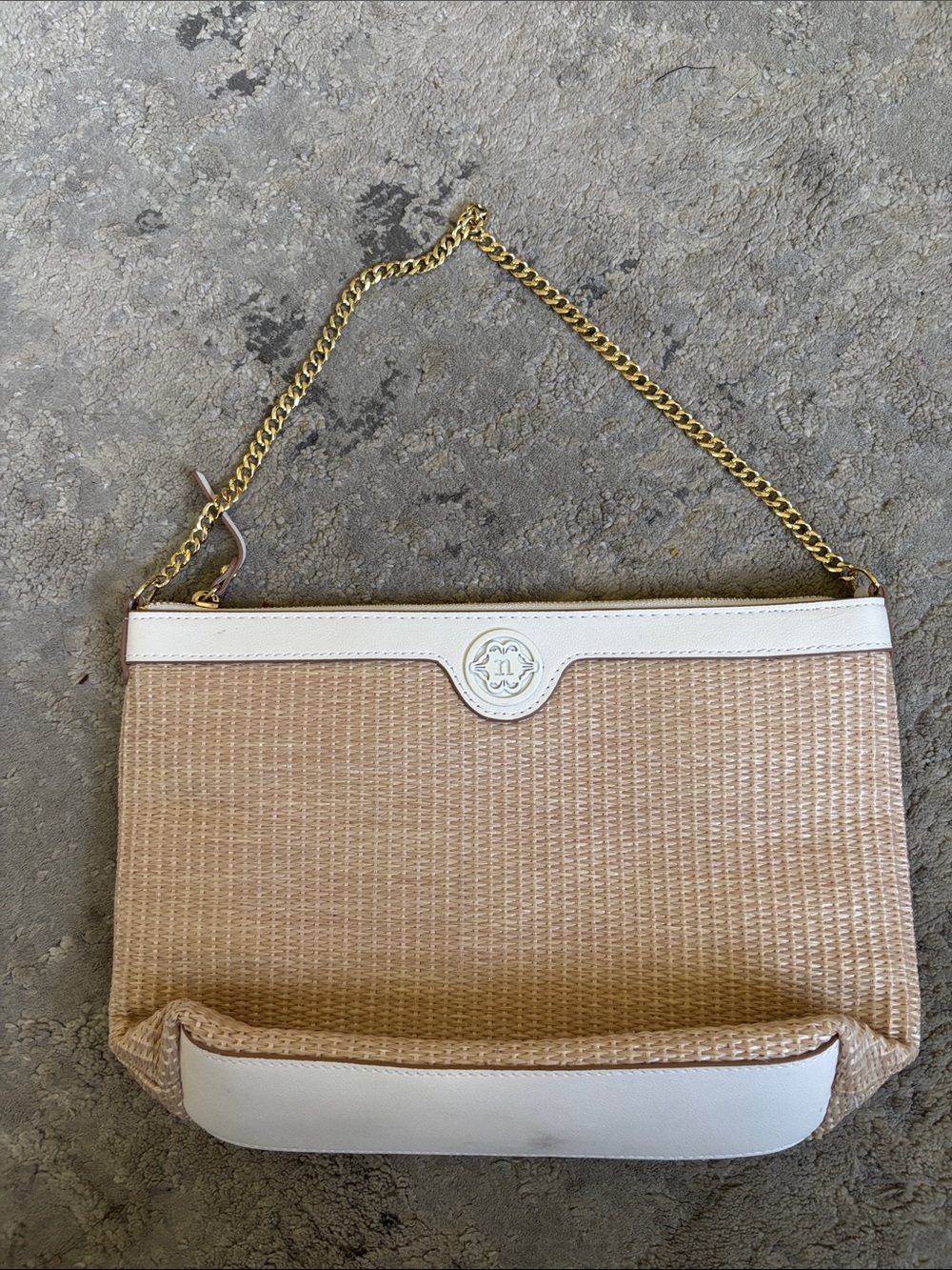 Nanette Lepore Beige & Cream Woven Shoulder Bag with Gold Chain